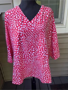 d&co- Women’s V-Neck Pink White Printed Tunic Top